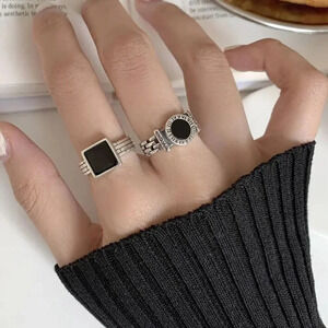 Minimalist 925 Sterling Silver Black Square Ring Adjustable Size